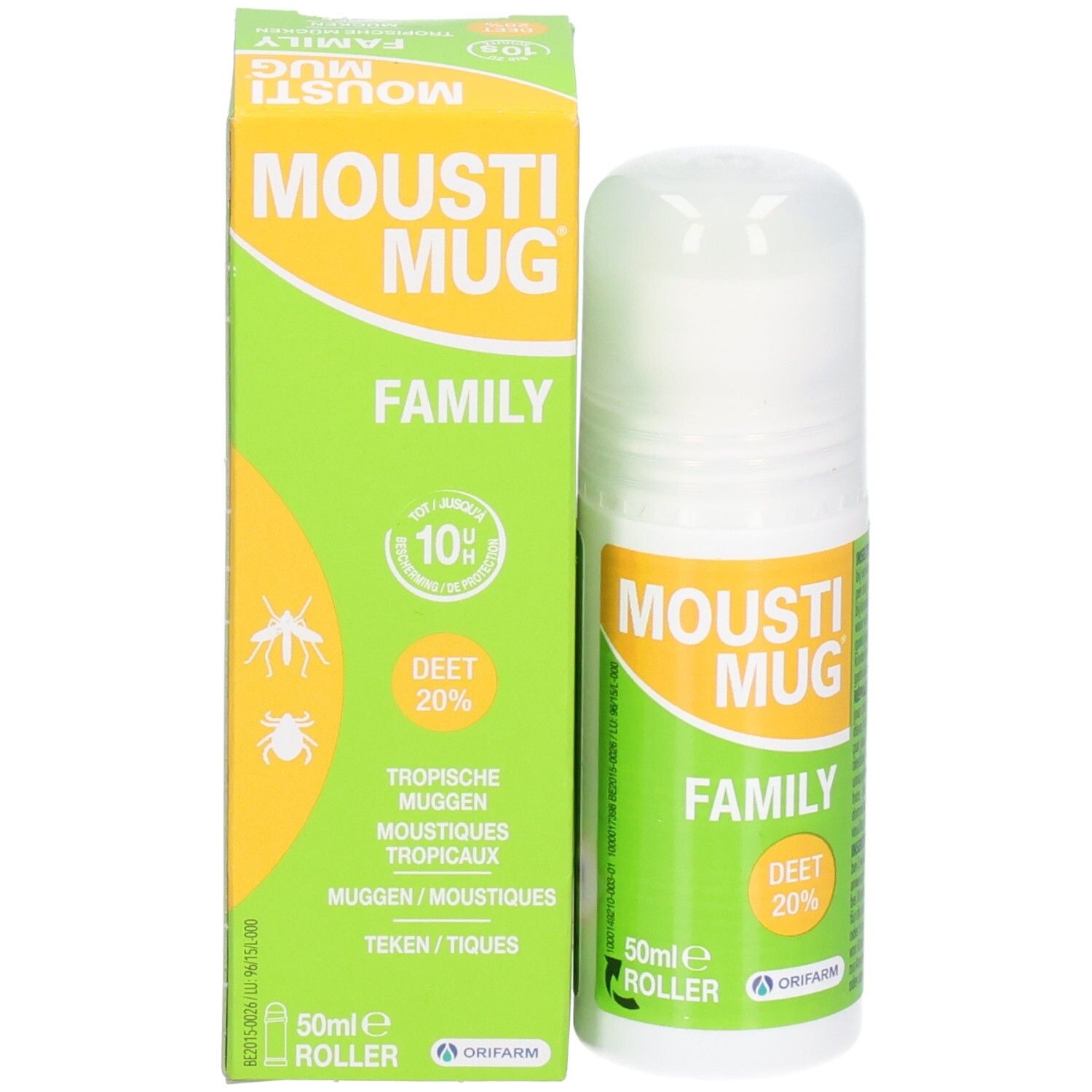 Mousti Mug Family Roller met 20% DEET, 50ml, en verpakking.
