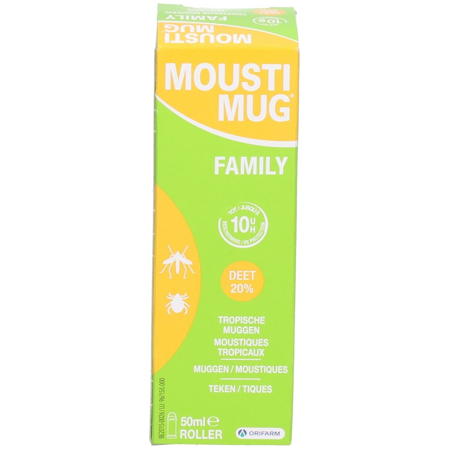 Mousti Mug Family Roller met 20% DEET, 50ml, en verpakking.