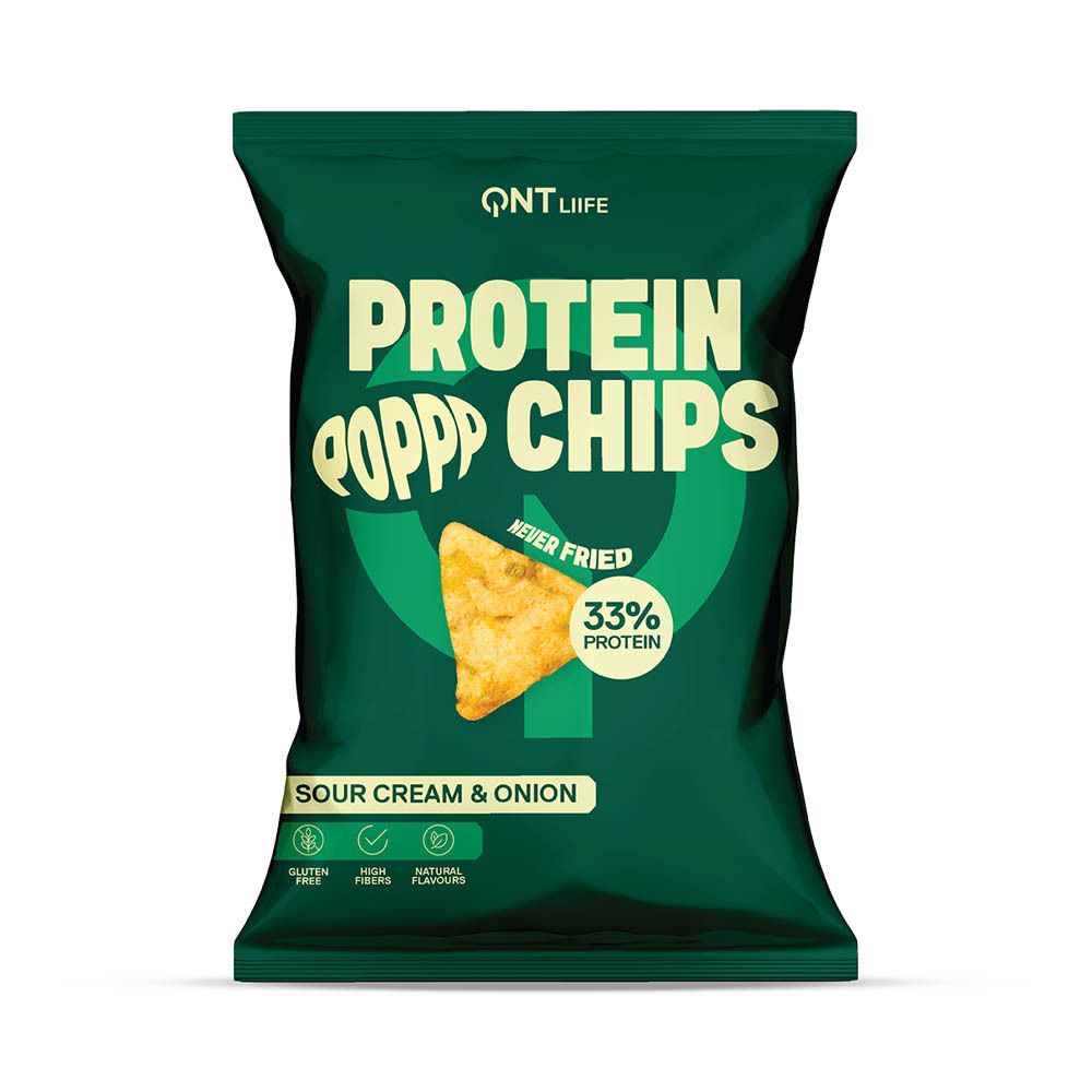 Sachet vert 'QNT Liife Protein Chips'. Saveur 'Sour Cream & Onion'. 33% protéines. Sans gluten, riche en fibres.