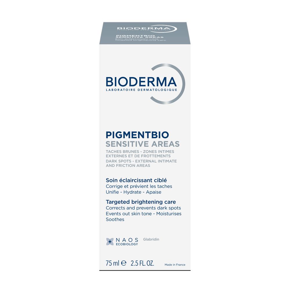 Dos d'un tube Bioderma Pigmentbio Sensitive Areas avec instructions d'utilisation.