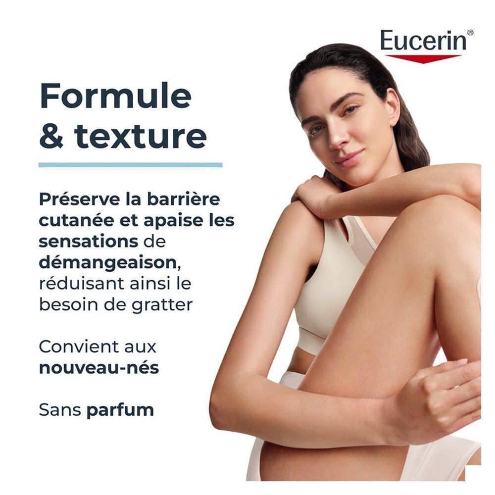 Femme avec Eucerin AtopiControl Huile de Bain, formule et texture.
