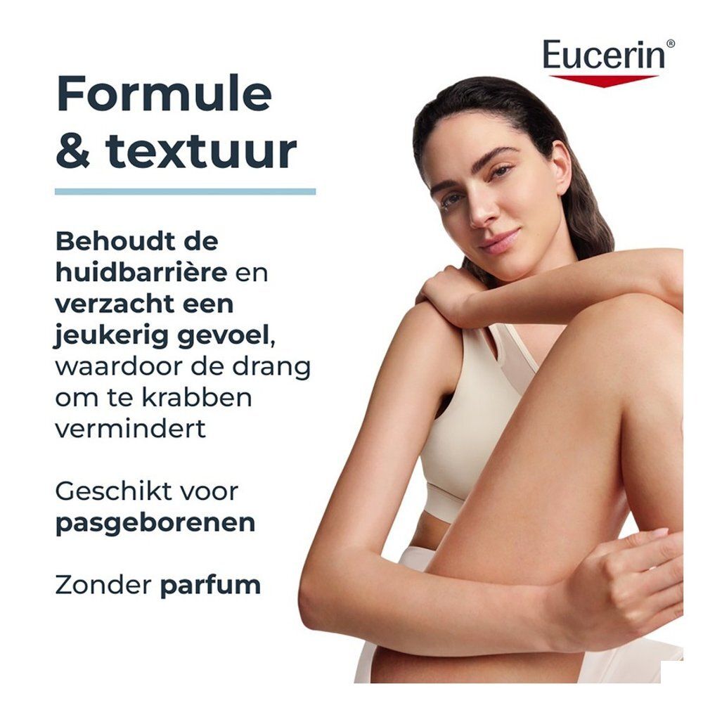 Vrouw met Eucerin AtopiControl Badolie, formule & textuur.