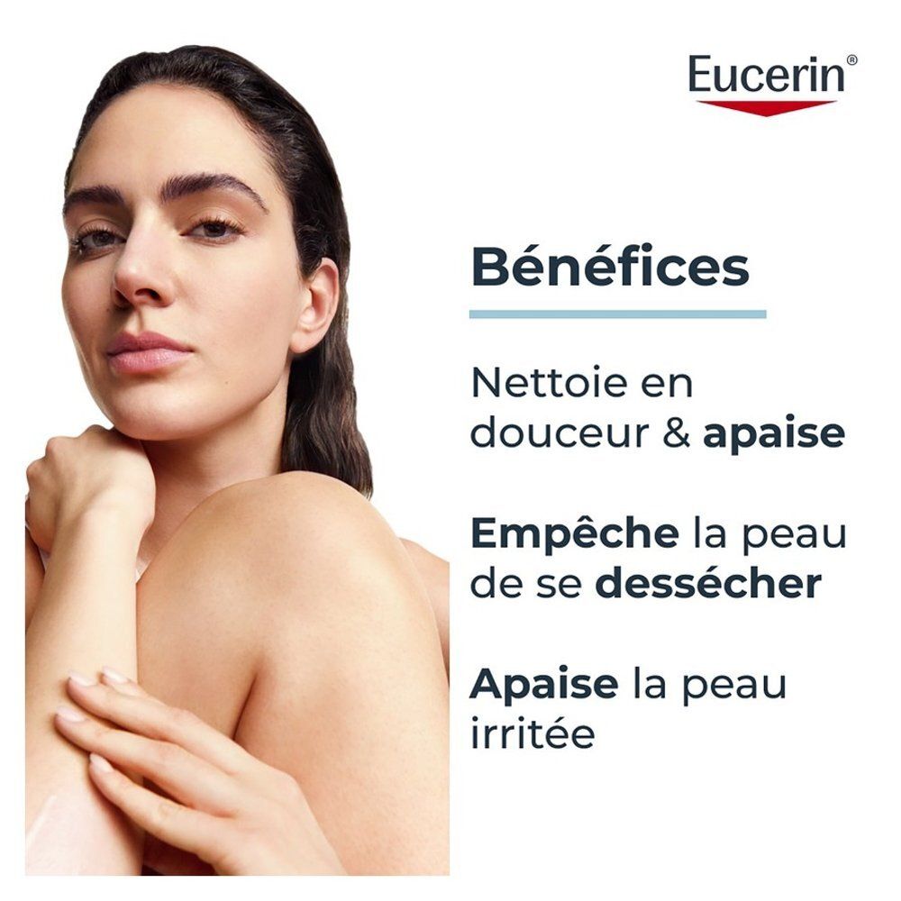 Femme avec Eucerin AtopiControl Huile de Bain, bénéfices: nettoie, apaise, prévient la sécheresse.