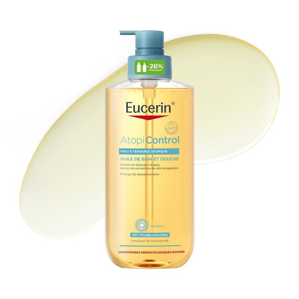 Eucerin AtopiControl Badolie met pompflacon en gele veeg.