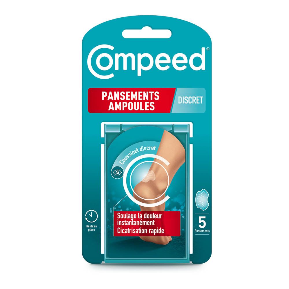 Paquet de 5 pansements ampoules discrets Compeed. Emballage bleu.