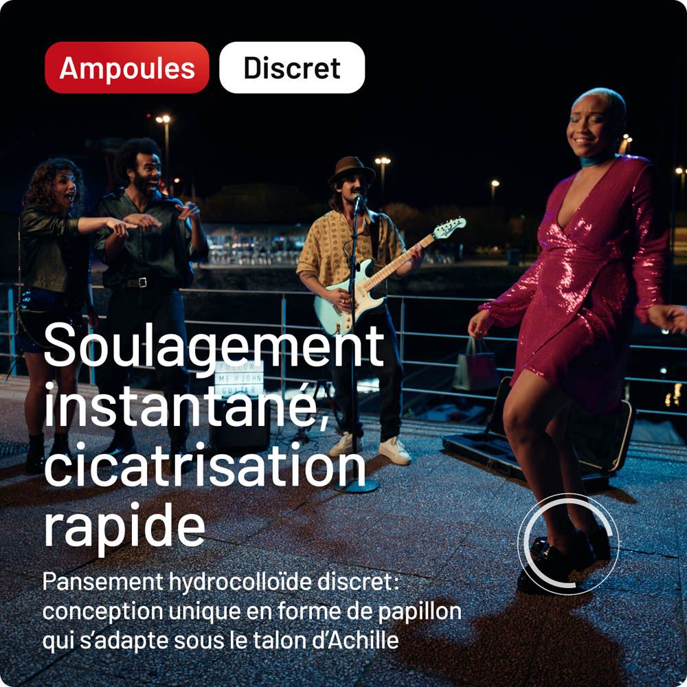 Publicité avec des personnes dansant. Texte : Soulagement instantané, cicatrisation rapide.