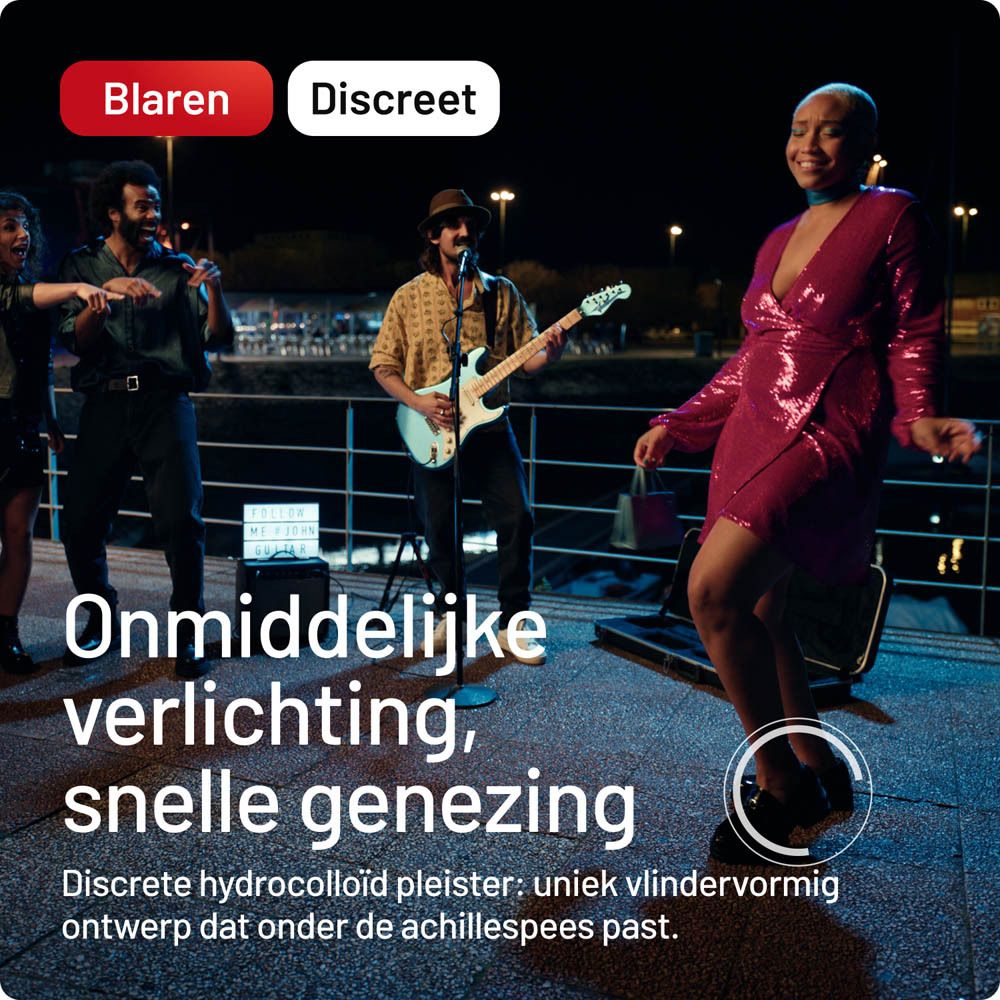 Reclame met dansende mensen. Tekst: Onmiddellijke verlichting, snelle genezing.