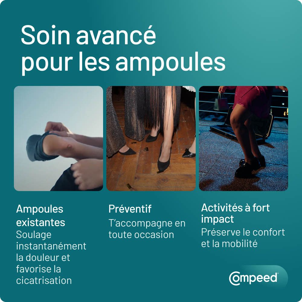 Publicité avec 3 images. Texte : Soin avancé pour les ampoules. Compeed.