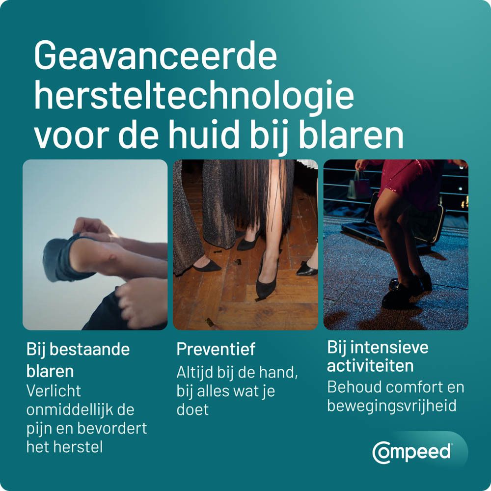 Reclame met 3 afbeeldingen. Tekst: Geavanceerde verzorging voor blaren. Compeed.