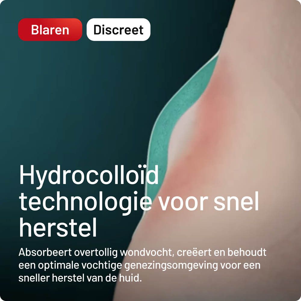 Close-up van een voet met blarenpleister. Tekst: Hydrocolloïd technologie voor snelle genezing.