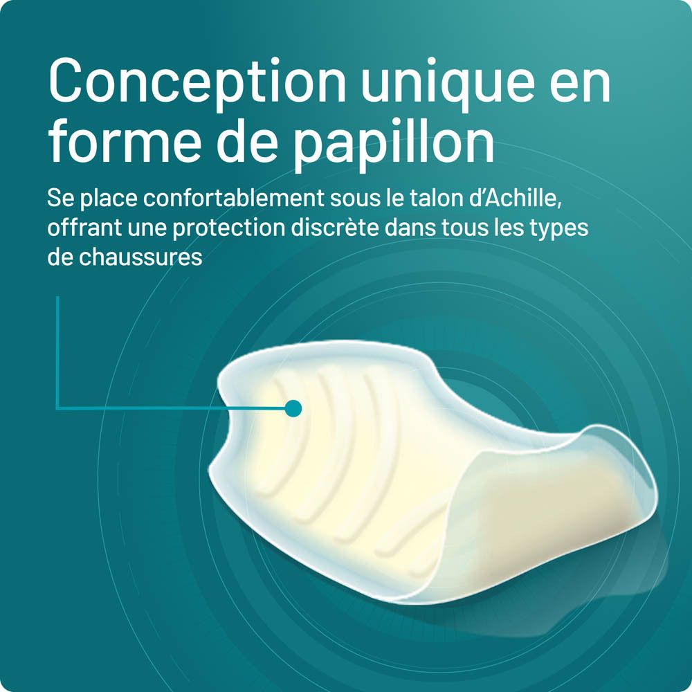 Gros plan d'un pansement ampoule. Texte : Conception unique en forme de papillon.