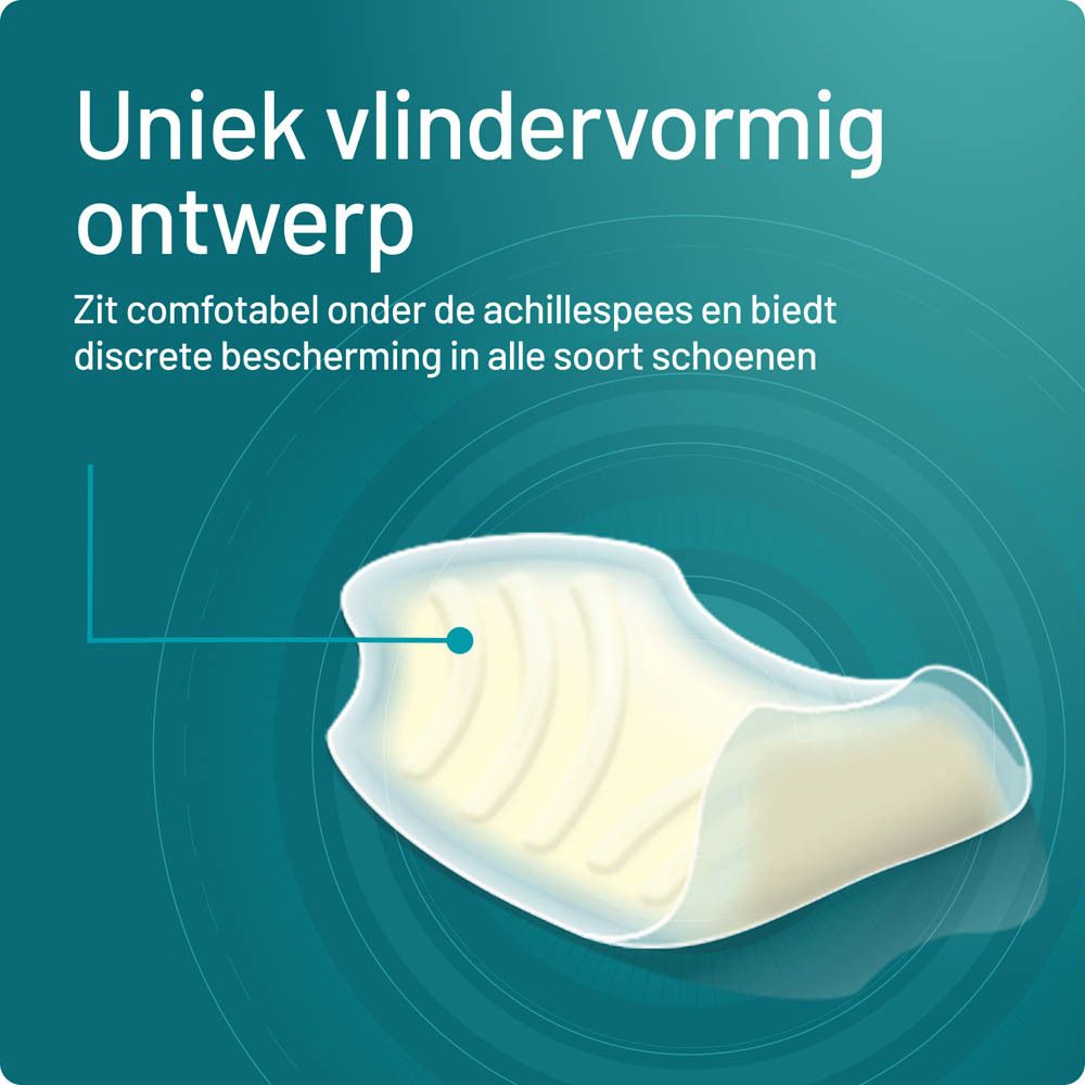 Close-up van een blarenpleister. Tekst: Uniek vlindervormig ontwerp.