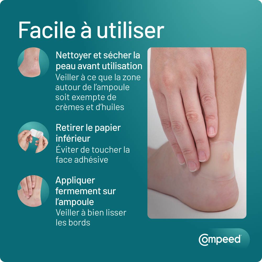 Instructions pour appliquer un pansement ampoule. Texte : Facile à utiliser. Compeed.