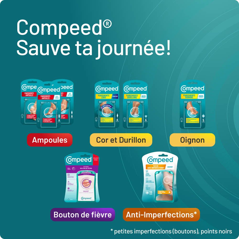 Publicité avec différents produits Compeed. Texte : Compeed sauve ta journée !