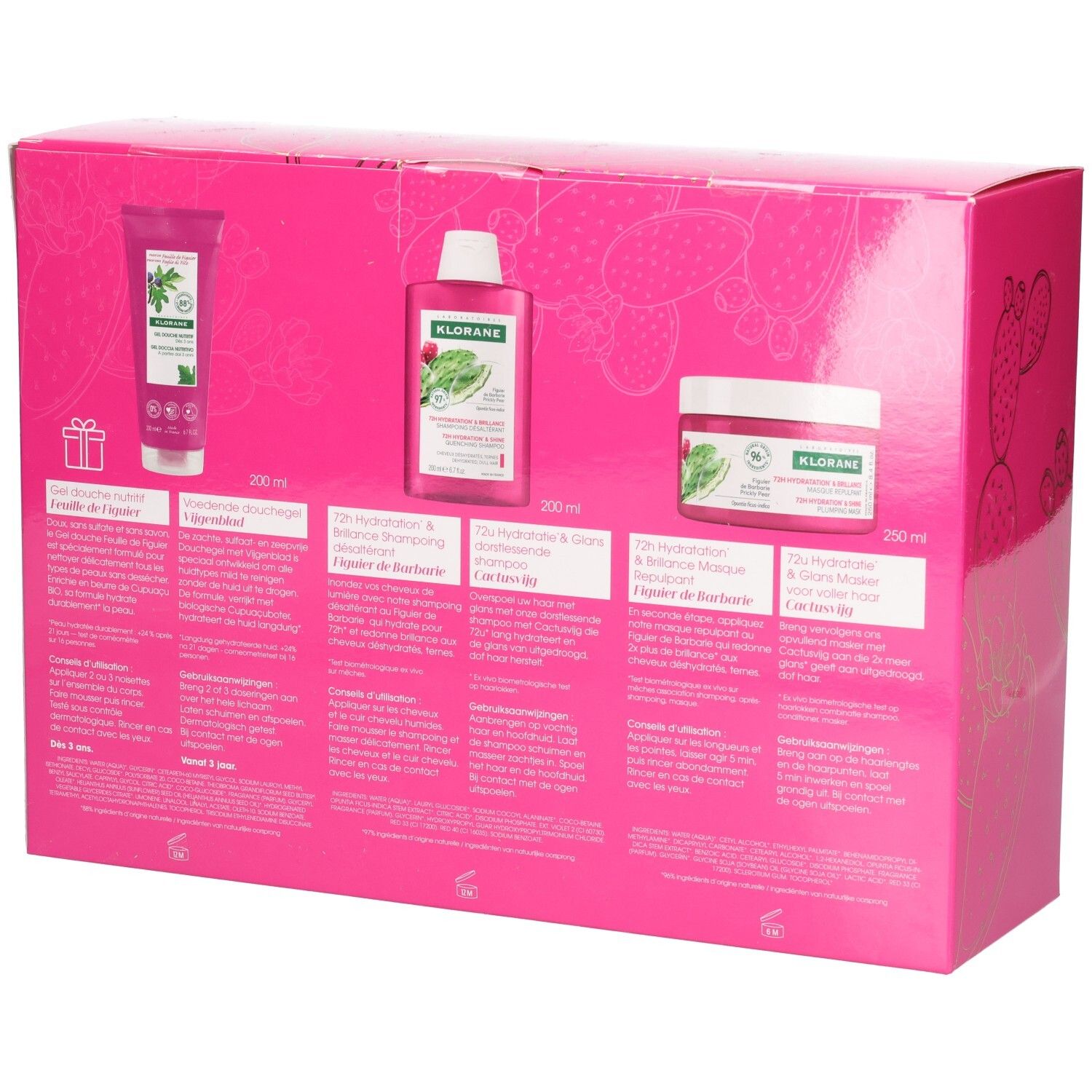 Achterkant van de cadeauverpakking met productinformatie. Bevat douchegel, shampoo en crème. Tekst in meerdere talen.