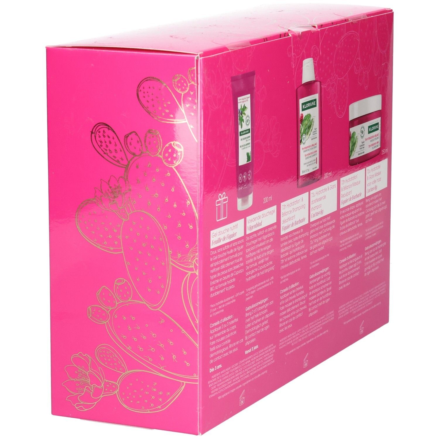 Roze Klorane cadeauverpakking met drie producten. Achterkant met informatie. Cactus design en gouden details.