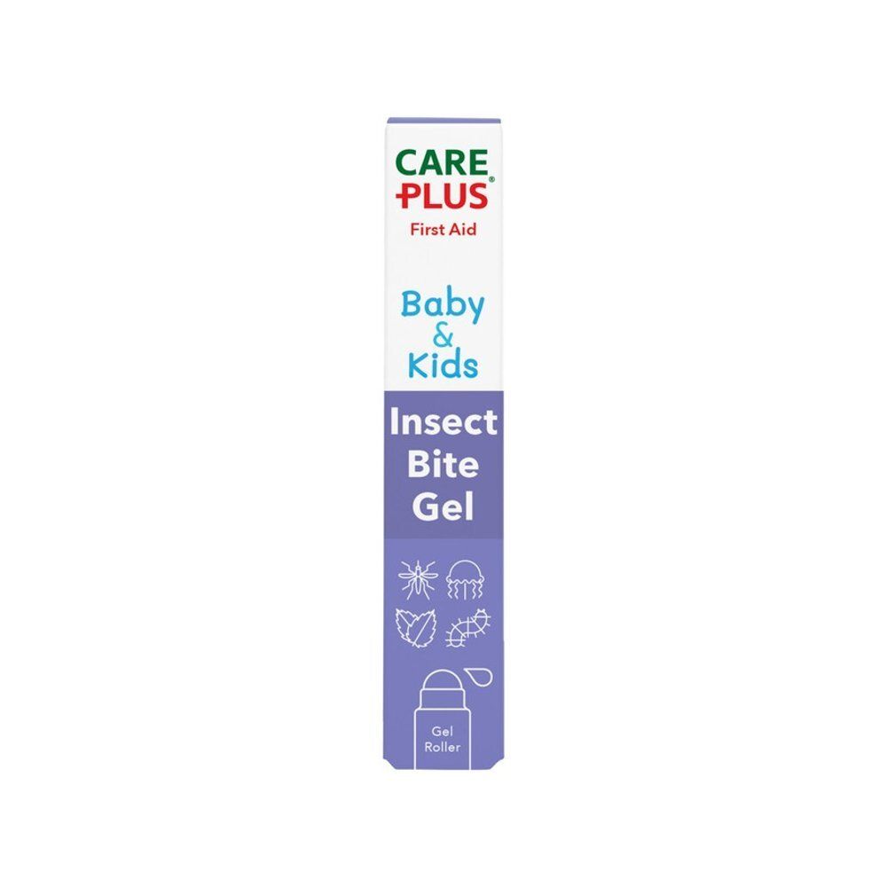 Rouleau gel anti-piqûres Care Plus Baby & Kids. Boîte violette avec illustration et texte.