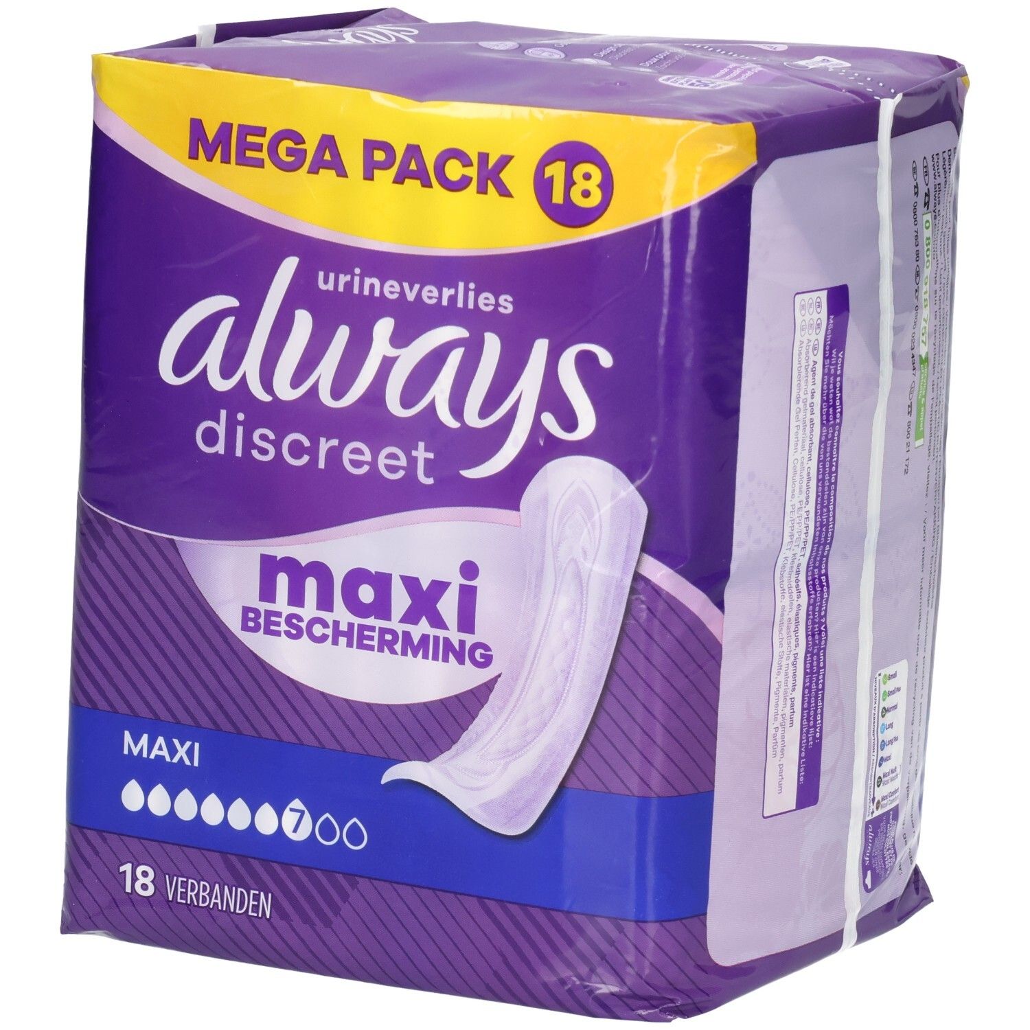Always Discreet Maxi Inlegkruisjes, Mega Pack, 18 stuks. Paarse verpakking met witte productafbeelding.