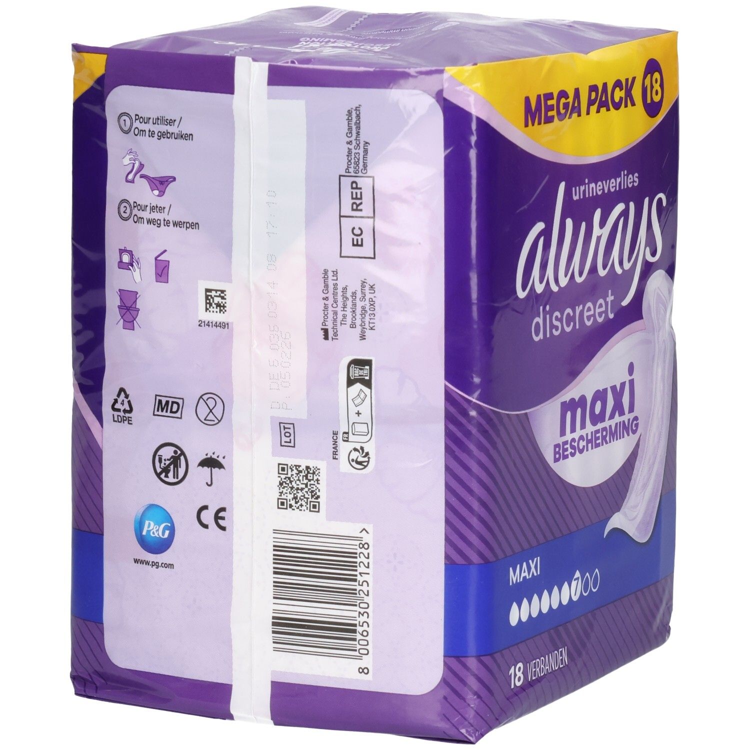 Achterkant van de Always Discreet Maxi Inlegkruisjes verpakking. Bevat symbolen en productinformatie.