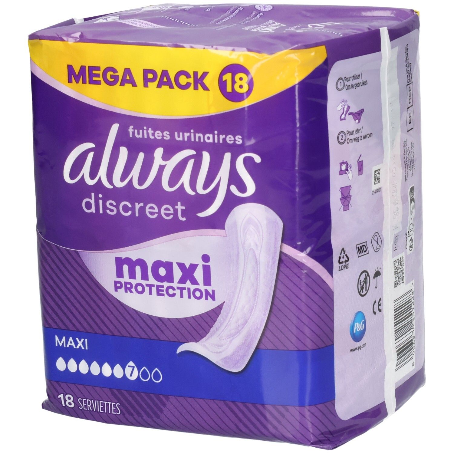 Always Discreet Maxi Inlegkruisjes, Mega Pack, 18 stuks. Paarse verpakking met witte productafbeelding.