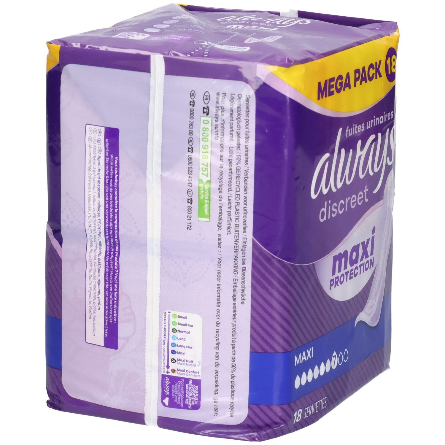 Achterkant van de Always Discreet Maxi Inlegkruisjes verpakking. Bevat symbolen en productinformatie.