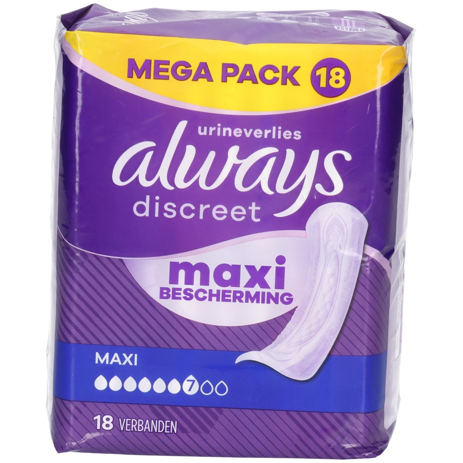 Always Discreet Maxi Inlegkruisjes, Mega Pack, 18 stuks. Paarse verpakking met witte productafbeelding.
