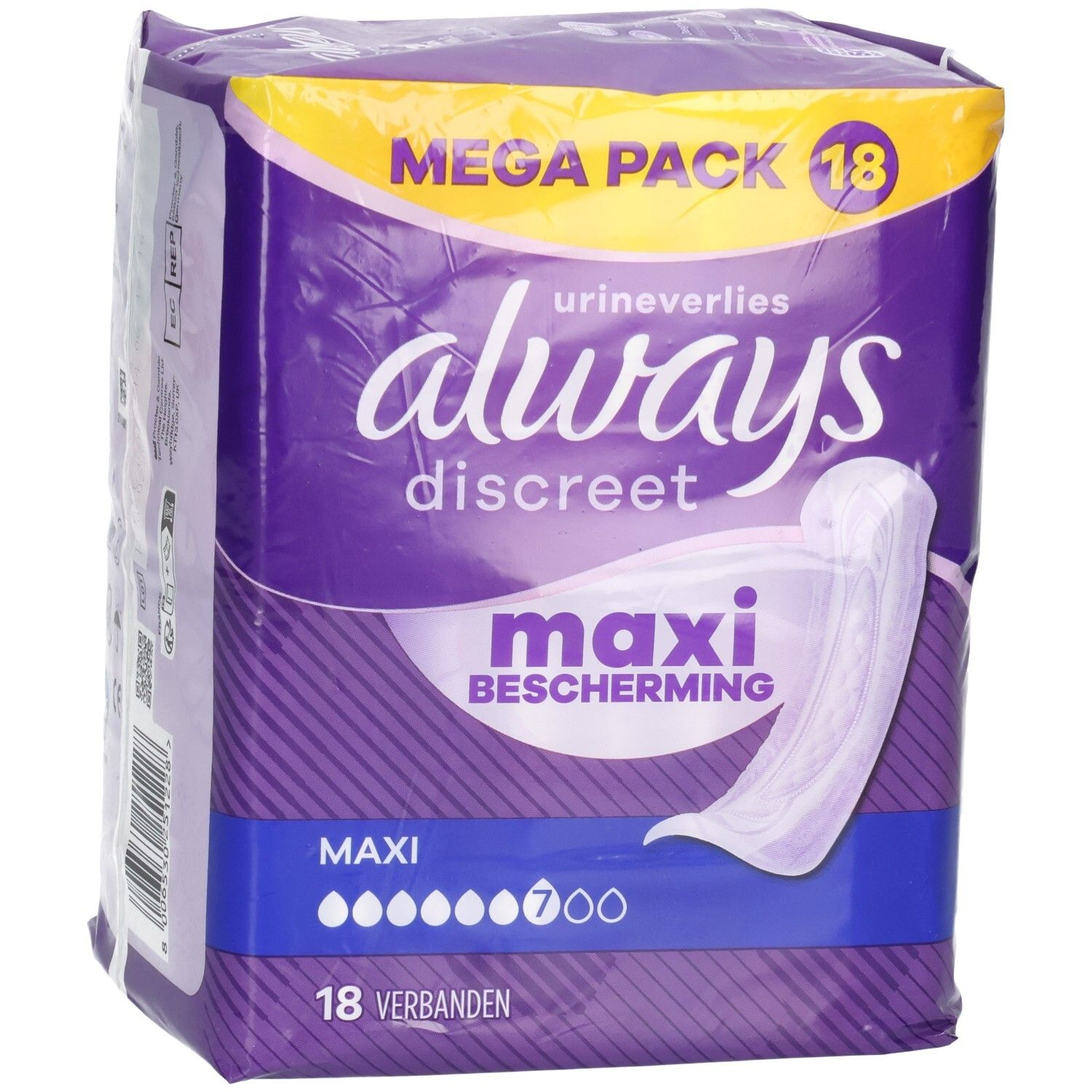 Always Discreet Maxi Inlegkruisjes, Mega Pack, 18 stuks. Paarse verpakking met witte productafbeelding.