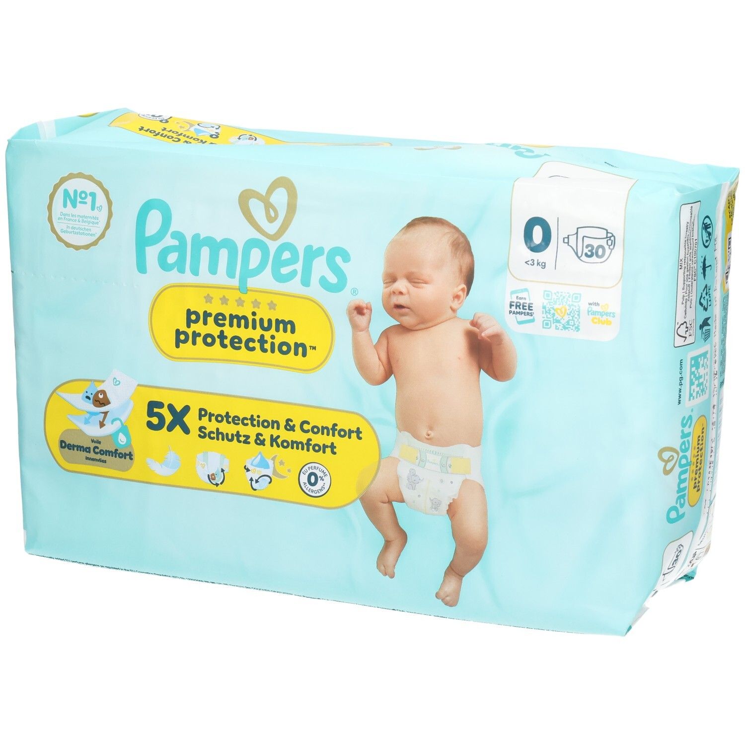 Pampers Premium Protection luiers, maat 0, 30 stuks. Lichtblauwe verpakking met baby-afbeelding en productinformatie.