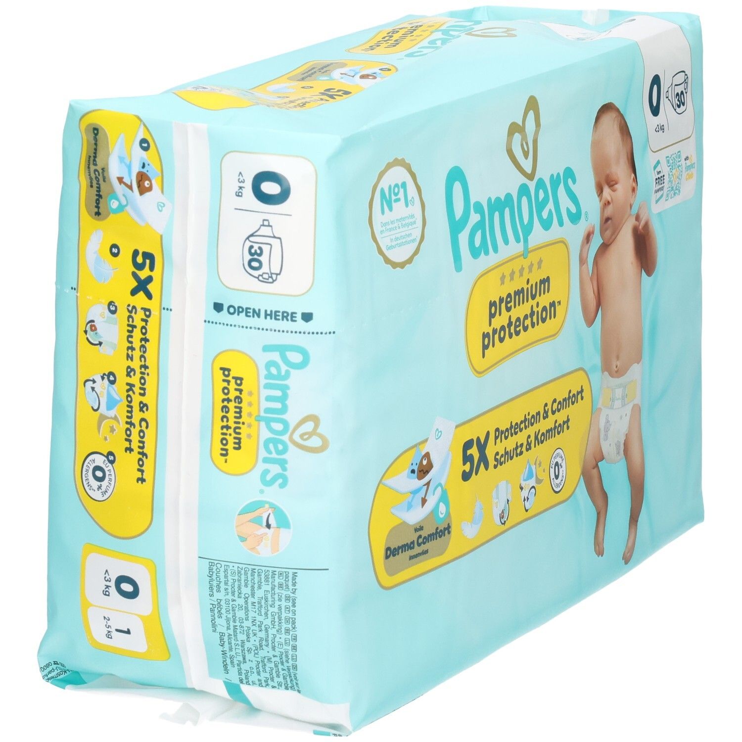 Pampers Premium Protection luiers, maat 0, 30 stuks. Zijaanzicht van de lichtblauwe verpakking met productkenmerken.