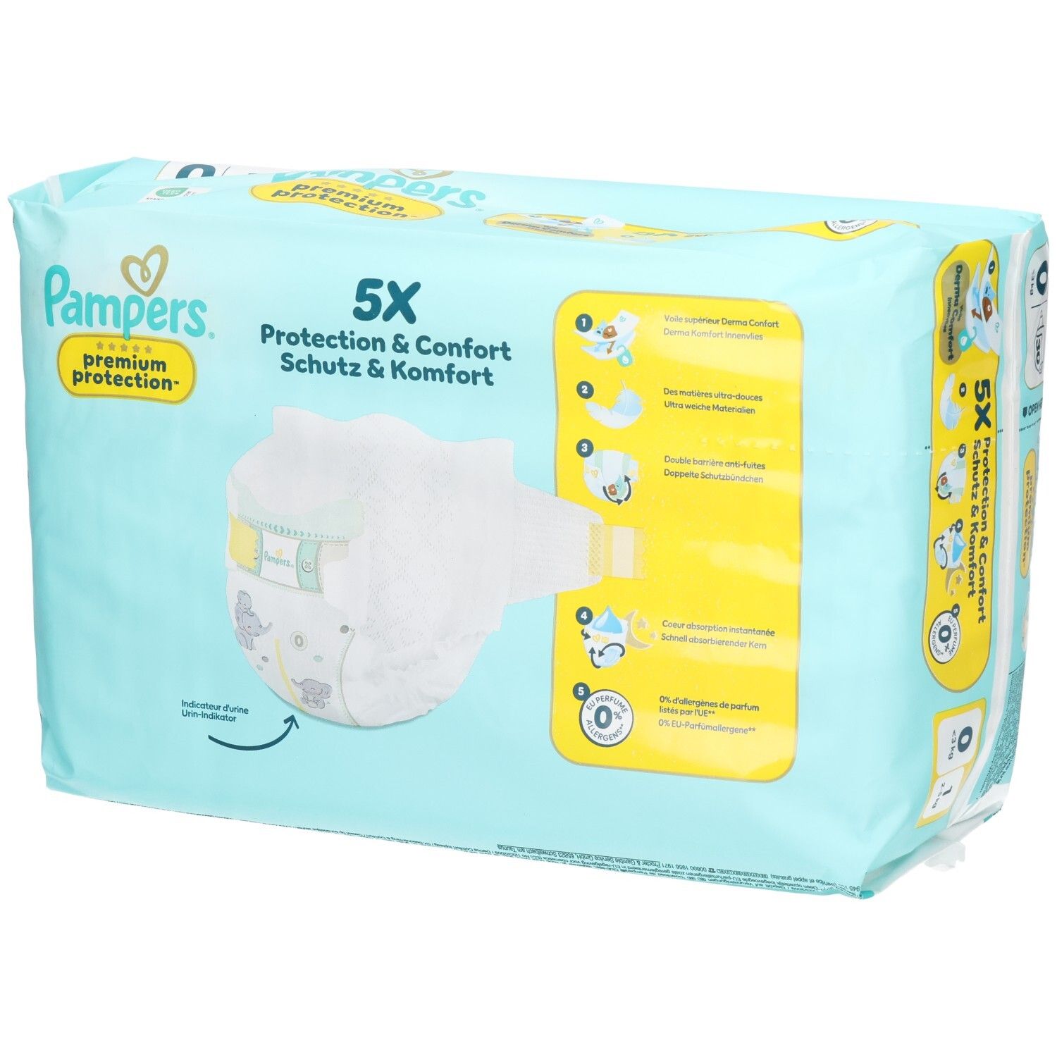 Pampers Premium Protection luiers, maat 0, 30 stuks. Voorkant van de verpakking met een luier en productvoordelen.
