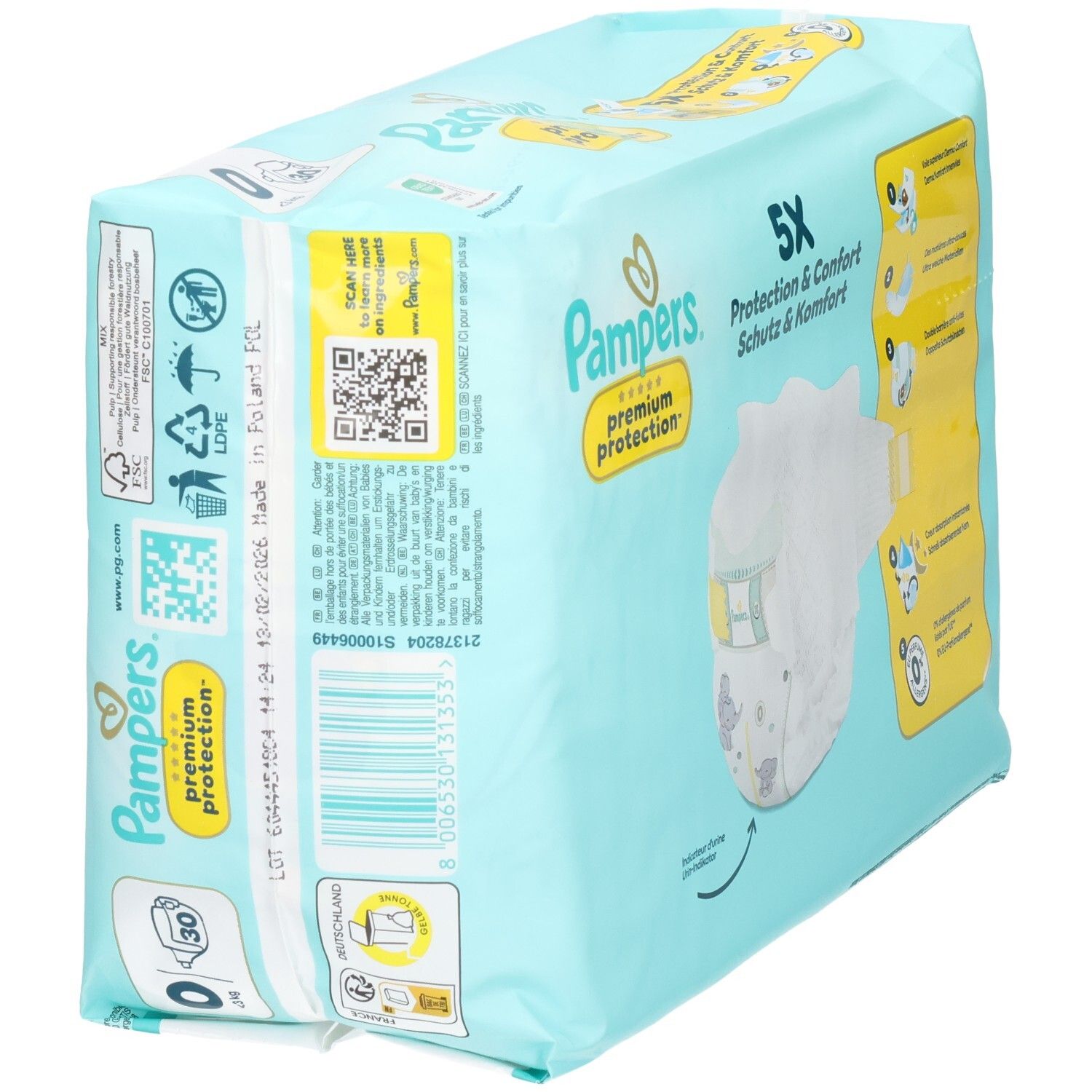 Pampers Premium Protection luiers, maat 0, 30 stuks. Achterkant van de verpakking met productinformatie en barcode.