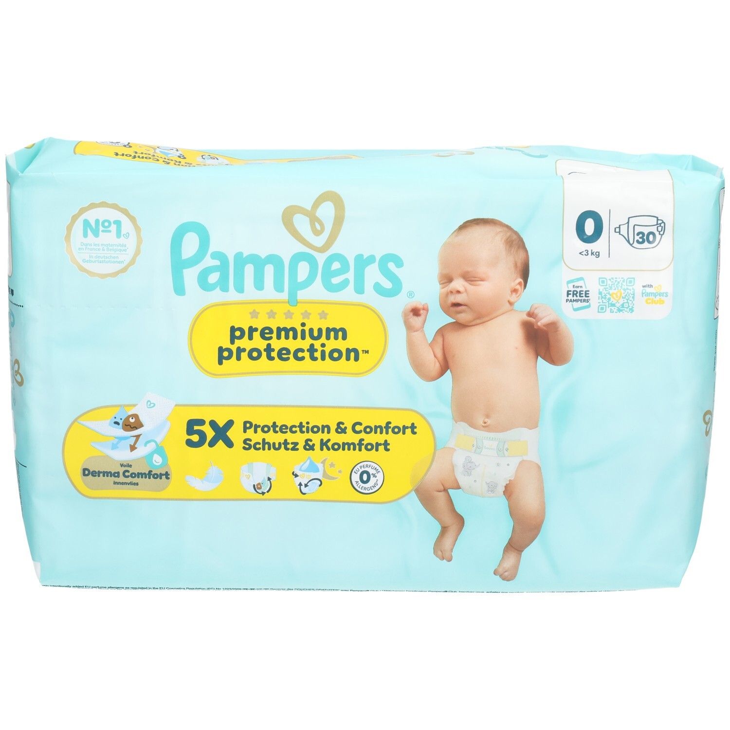 Pampers Premium Protection luiers, maat 0, 30 stuks. Lichtblauwe verpakking met baby-afbeelding en productinformatie.