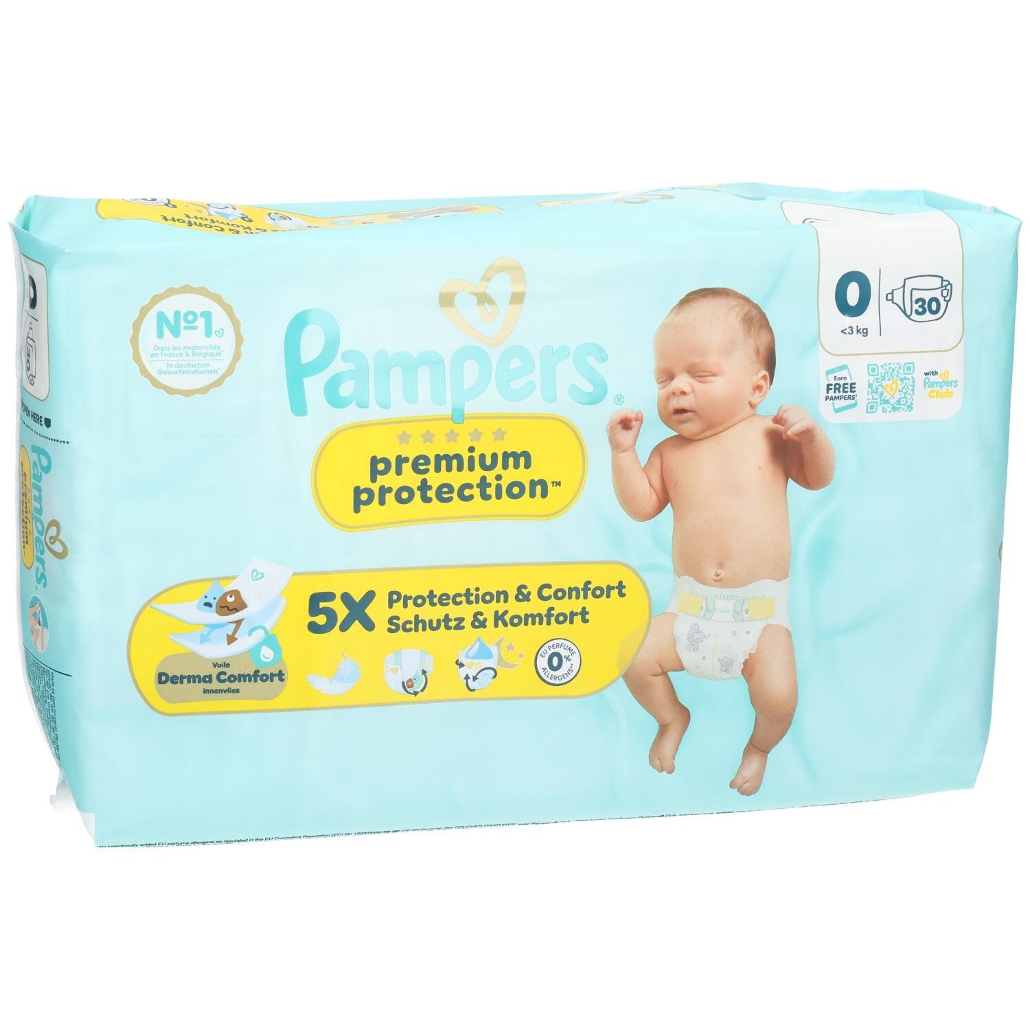 Pampers Premium Protection luiers, maat 0, 30 stuks. Lichtblauwe verpakking met baby-afbeelding en productinformatie.