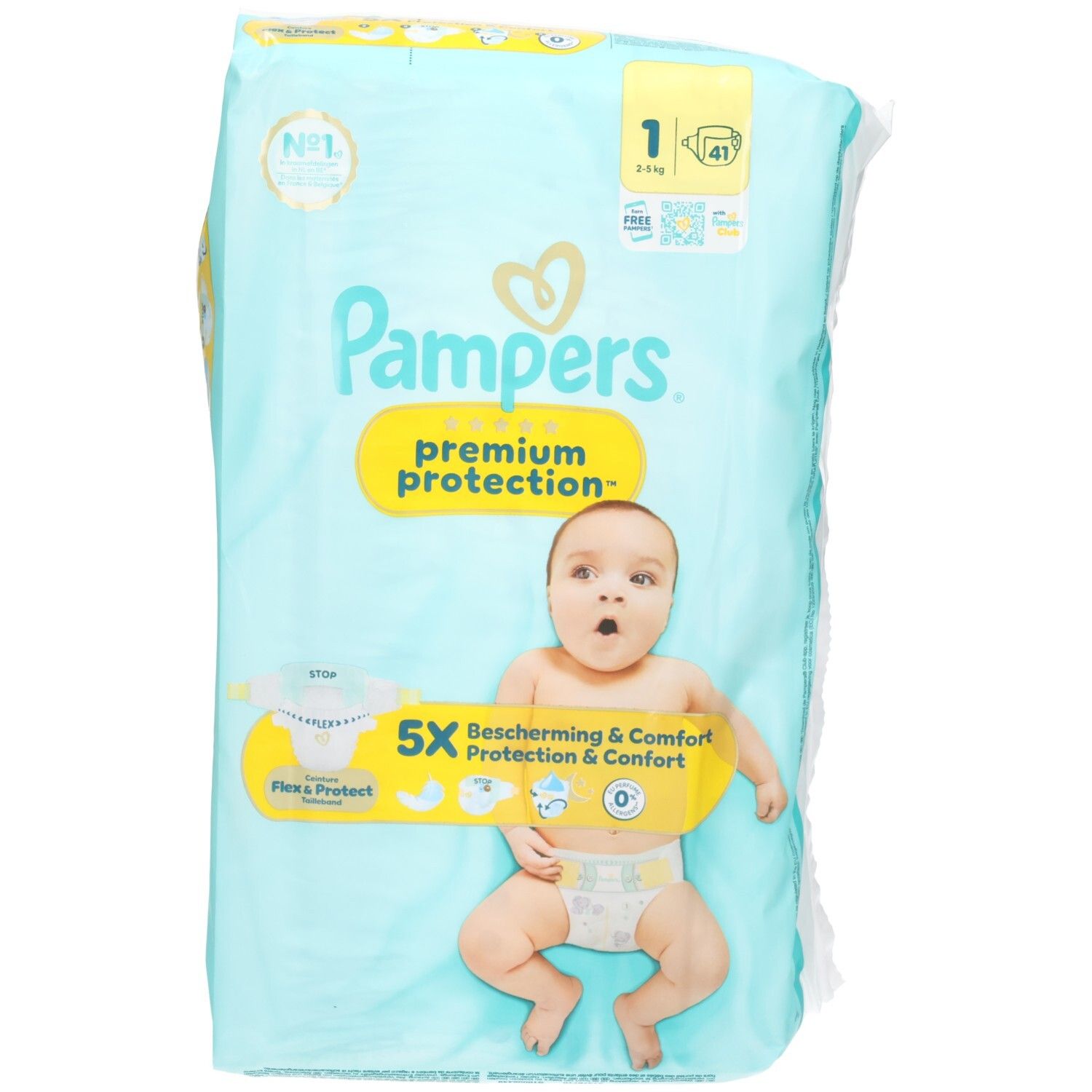 Pampers® Premium Protection™ Maat 1 luiers. Lichtblauwe verpakking met baby en productinformatie. 41 luiers.