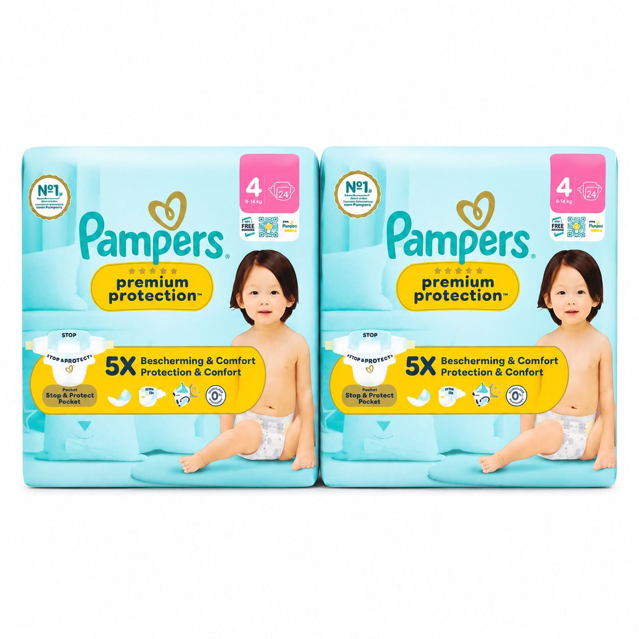 Twee pakken Pampers Premium Protection luiers Maat 4. Met "5x Bescherming & Comfort" opdruk.
