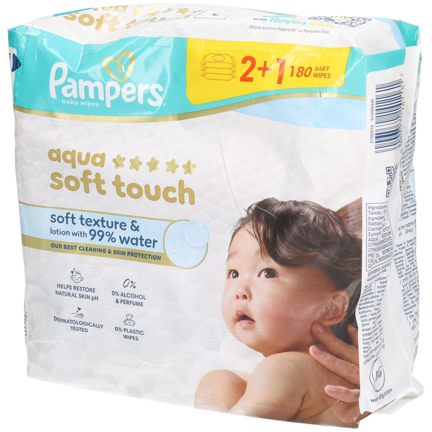 Pampers Aqua Soft Touch babydoekjes. Verpakking 2+1. Zachte textuur en lotion met 99% water. Dermatologisch getest.