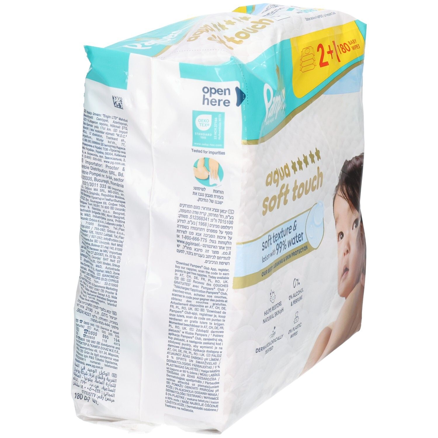 Pampers Aqua Soft Touch babydoekjes. Verpakking 2+1. Achterkant van de verpakking met tekst en logo's. Dermatologisch getest.