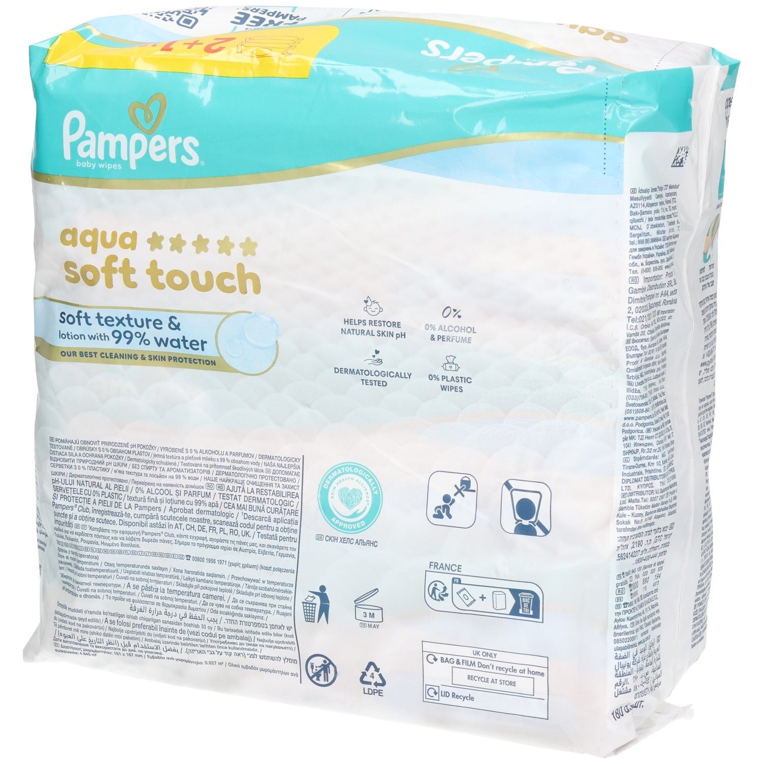 Pampers Aqua Soft Touch babydoekjes. Verpakking 2+1. Achterkant van de verpakking met tekst en logo's. Dermatologisch getest.
