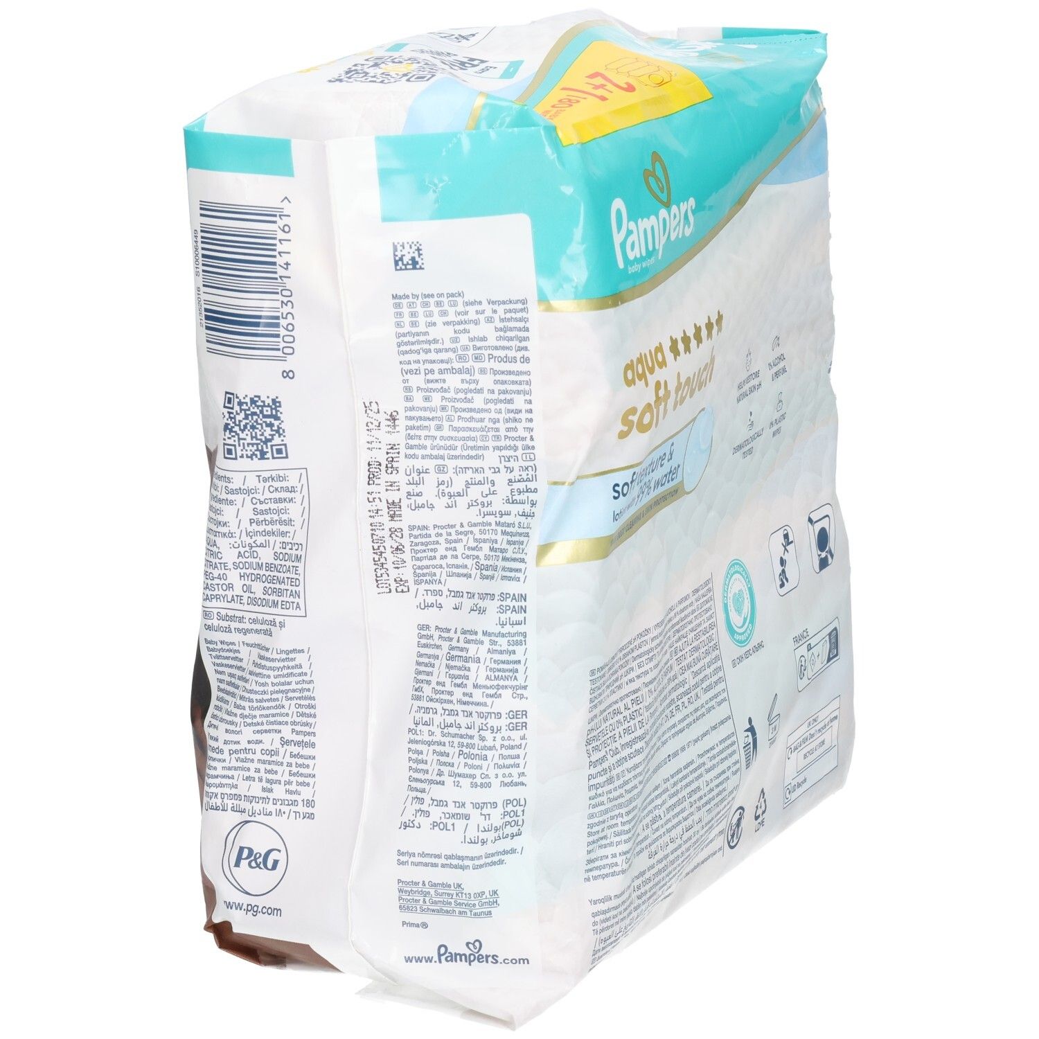 Pampers Aqua Soft Touch babydoekjes. Verpakking 2+1. Achterkant van de verpakking met tekst en logo's. Dermatologisch getest.