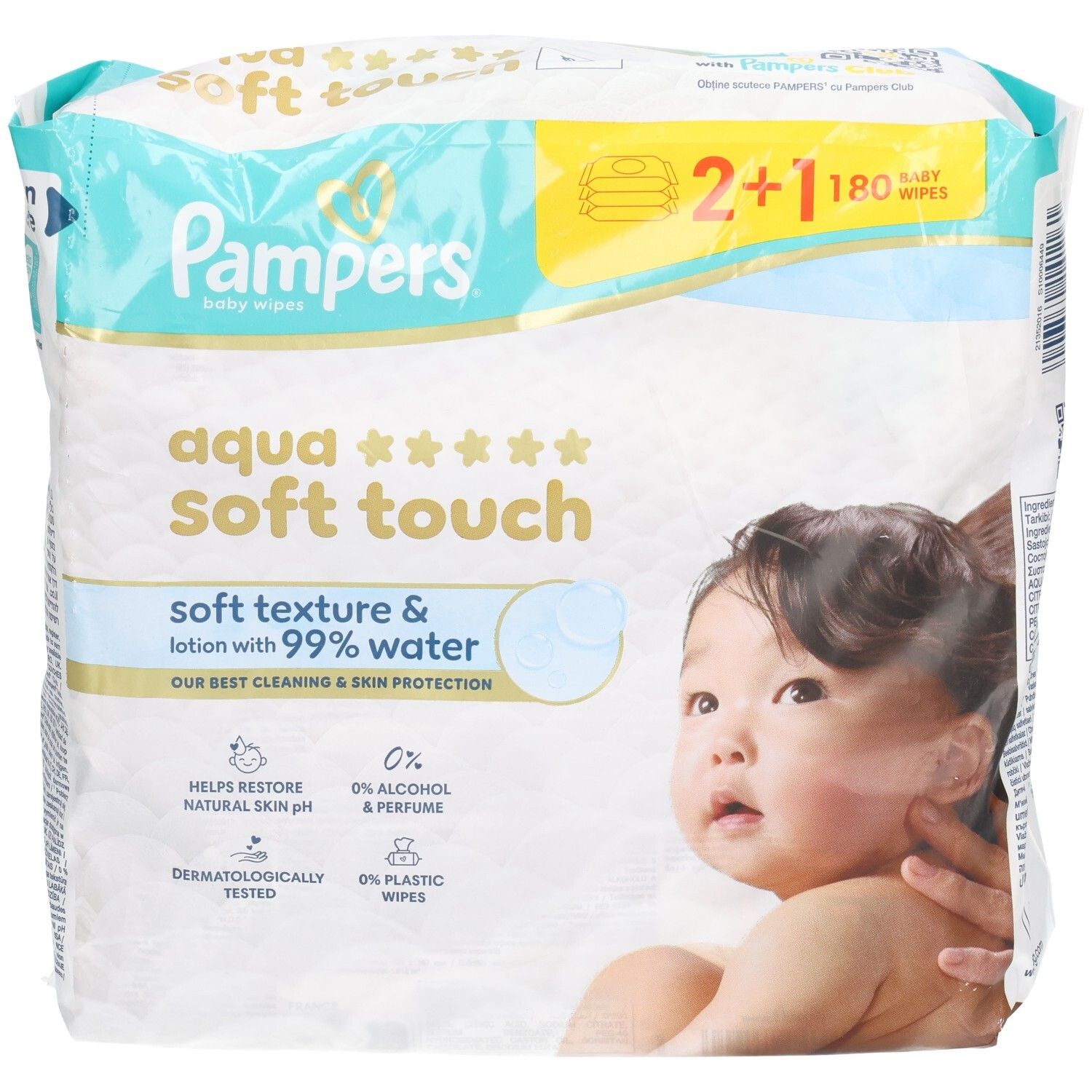 Pampers Aqua Soft Touch babydoekjes. Verpakking 2+1. Zachte textuur en lotion met 99% water. Dermatologisch getest.