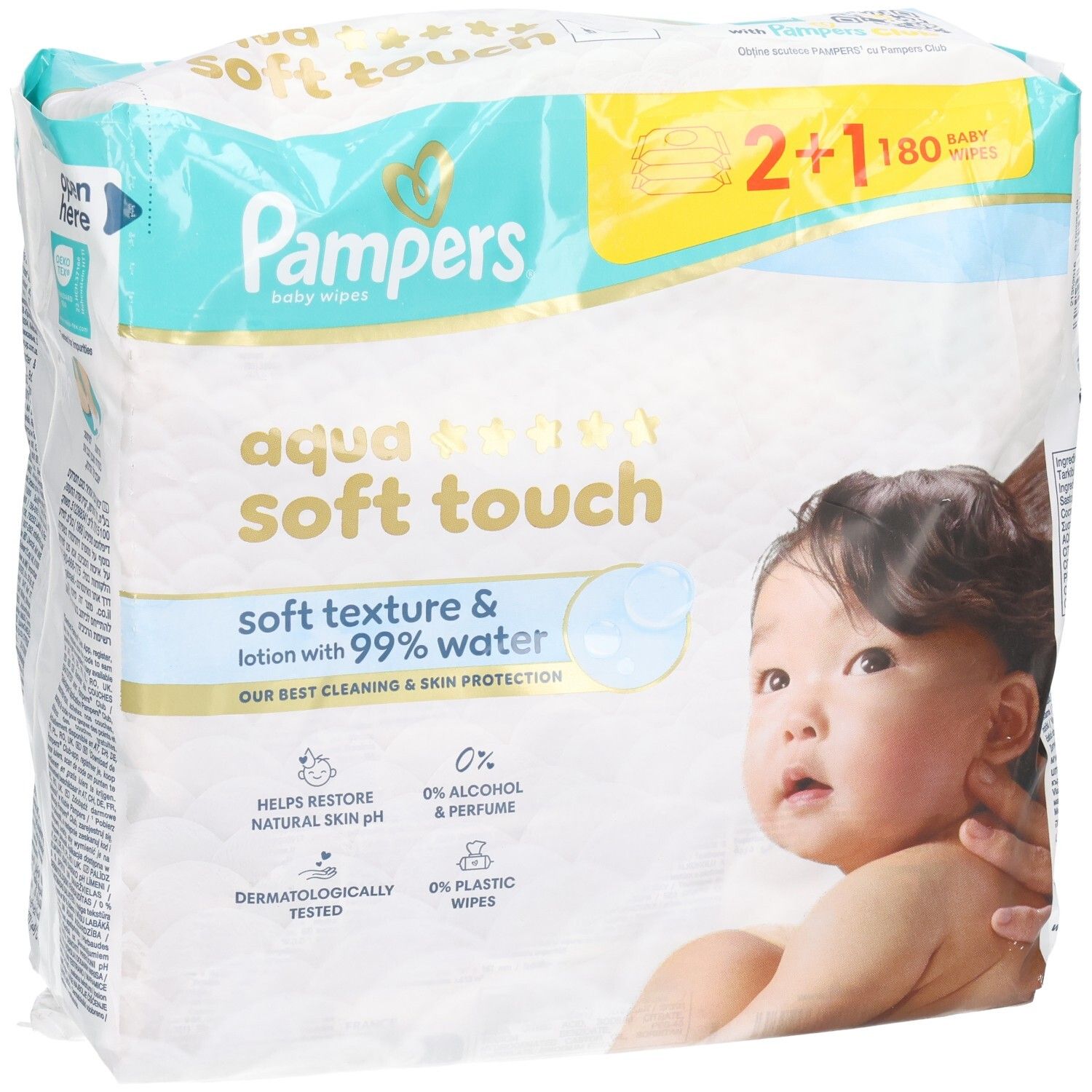 Pampers Aqua Soft Touch babydoekjes. Verpakking 2+1. Zachte textuur en lotion met 99% water. Dermatologisch getest.