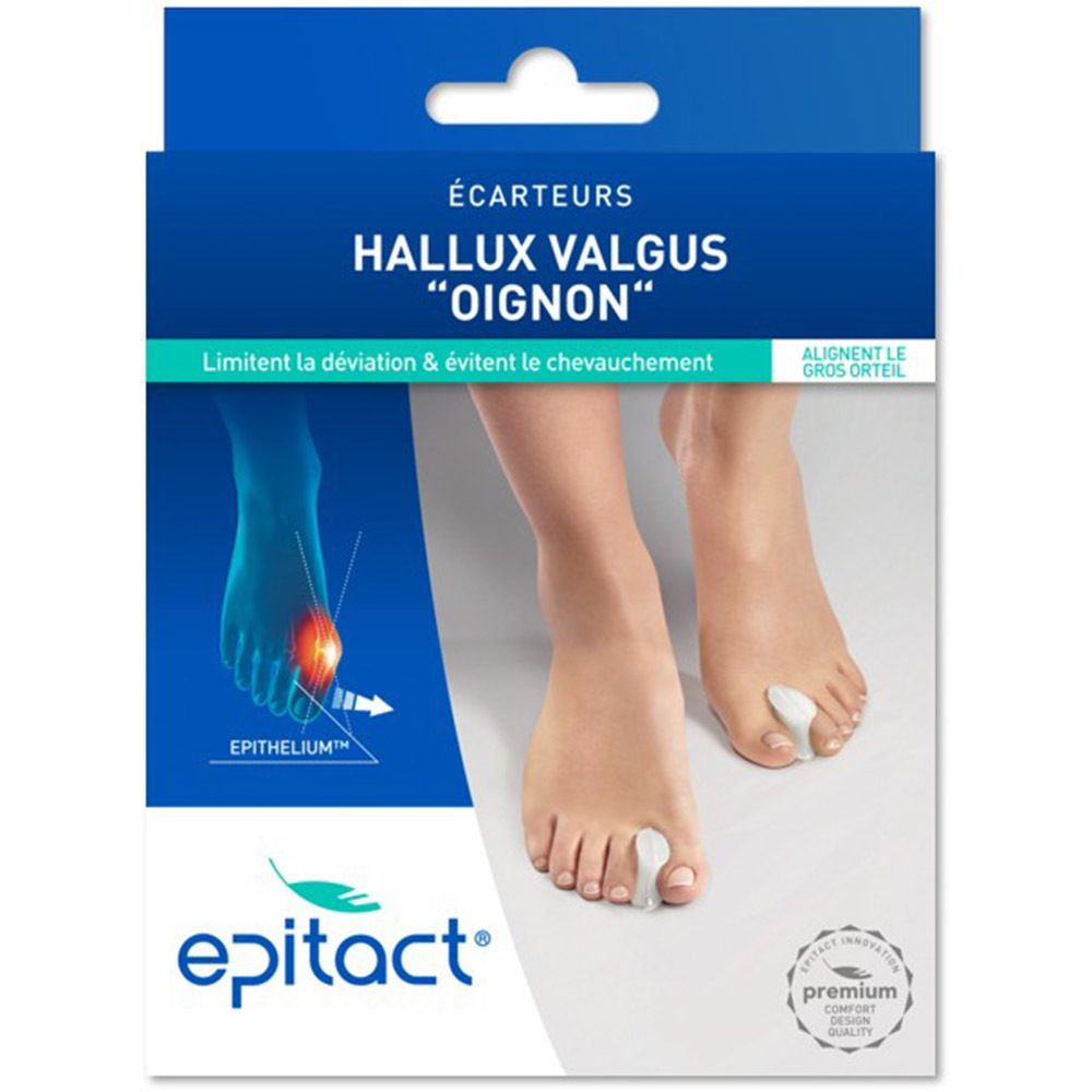 Epitact verpakking voor teenspreiders. Blauw-witte doos met voetillustratie. Tekst: Écarteurs, Hallux Valgus, Epitact.