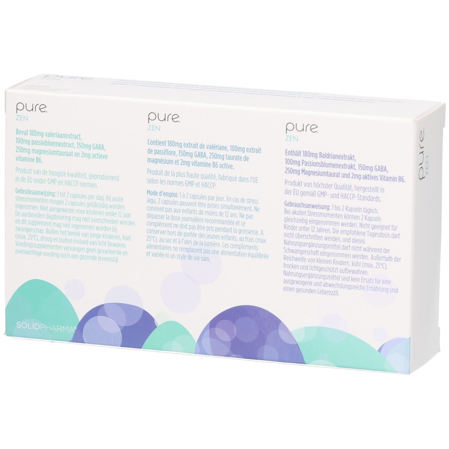 Boîte blanche, logo "pure ZEN". Texte en allemand, néerlandais et français. Ingrédients et informations nutritionnelles.