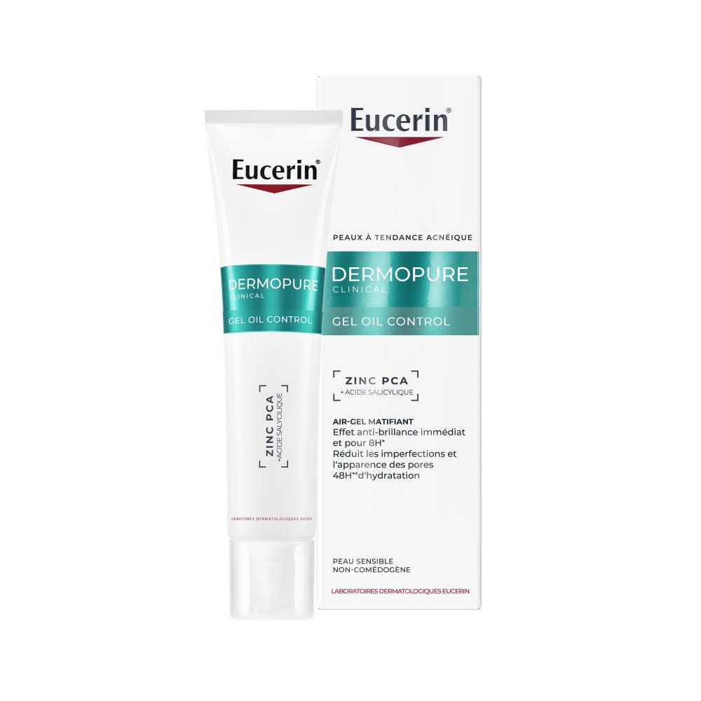 Tube Eucerin DermoPure Clinical Gel Oil Control, face avant avec Zinc PCA et Acide Salicylique.
