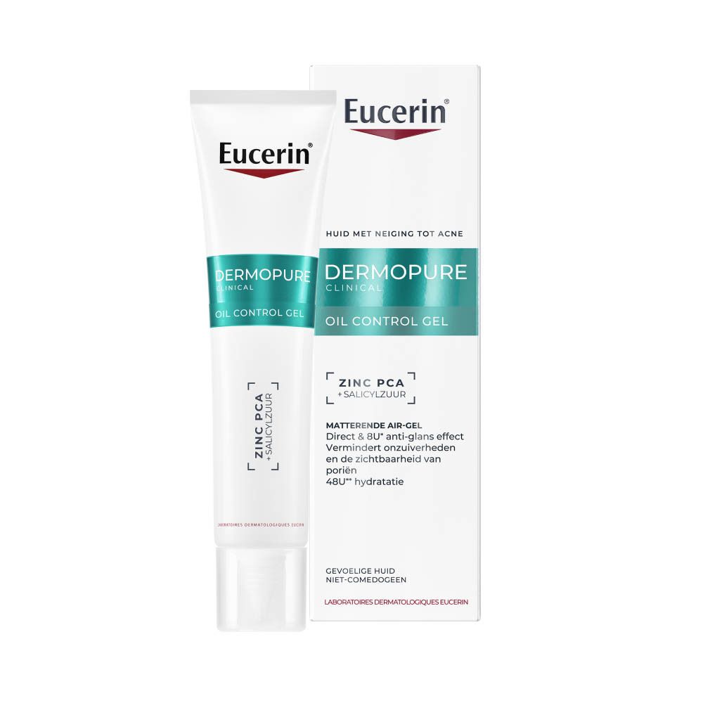 Eucerin DermoPure Clinical Gel Oil Control tube, voorkant met Zink PCA en Salicylzuur.