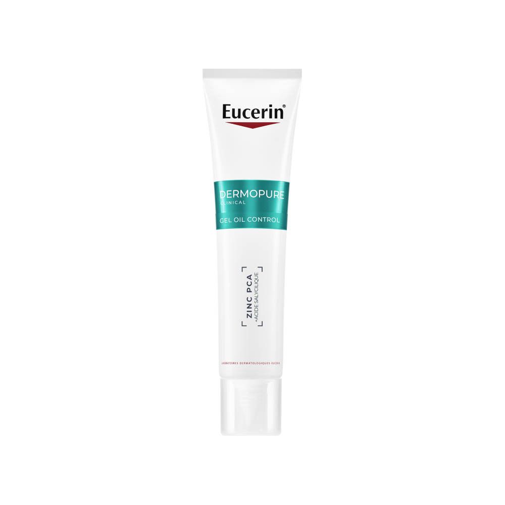 Arrière du tube Eucerin DermoPure Clinical Gel Oil Control avec instructions d'utilisation.