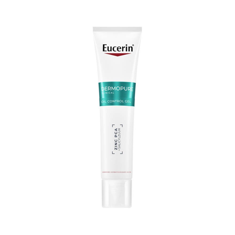 Achterkant van de Eucerin DermoPure Clinical Gel Oil Control tube met gebruiksaanwijzing.