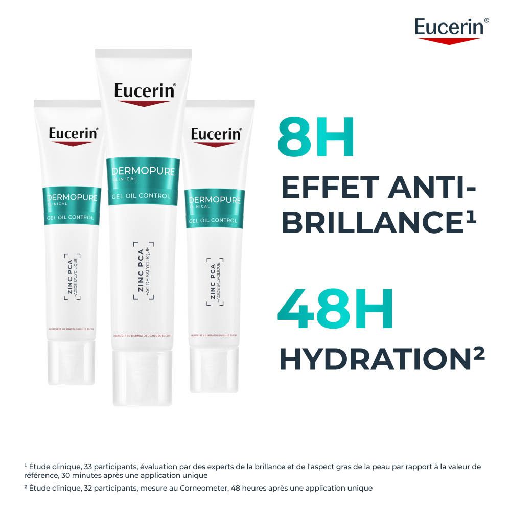 Tube et emballage Eucerin DermoPure Clinical Gel Oil Control pour peaux à tendance acnéique.