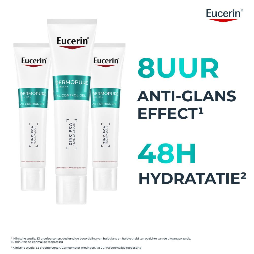 Eucerin DermoPure Clinical Gel Oil Control tube en verpakking voor huid met neiging tot acne.
