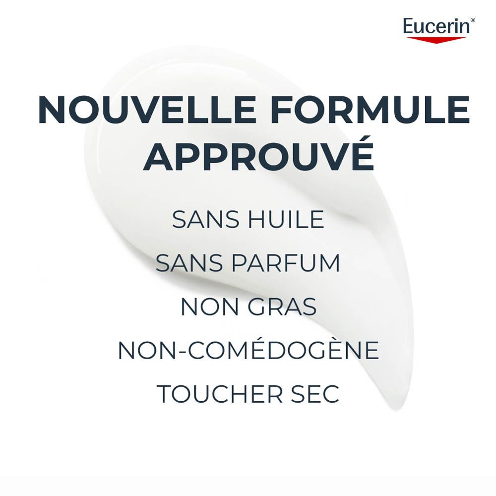 Côté de l'emballage Eucerin DermoPure Clinical avec tests cliniques et ingrédients.